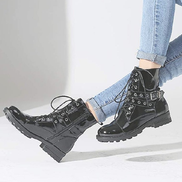 1 LEFT! Patent Leather Punk Rock Combat Booties - Picture 2 of 7